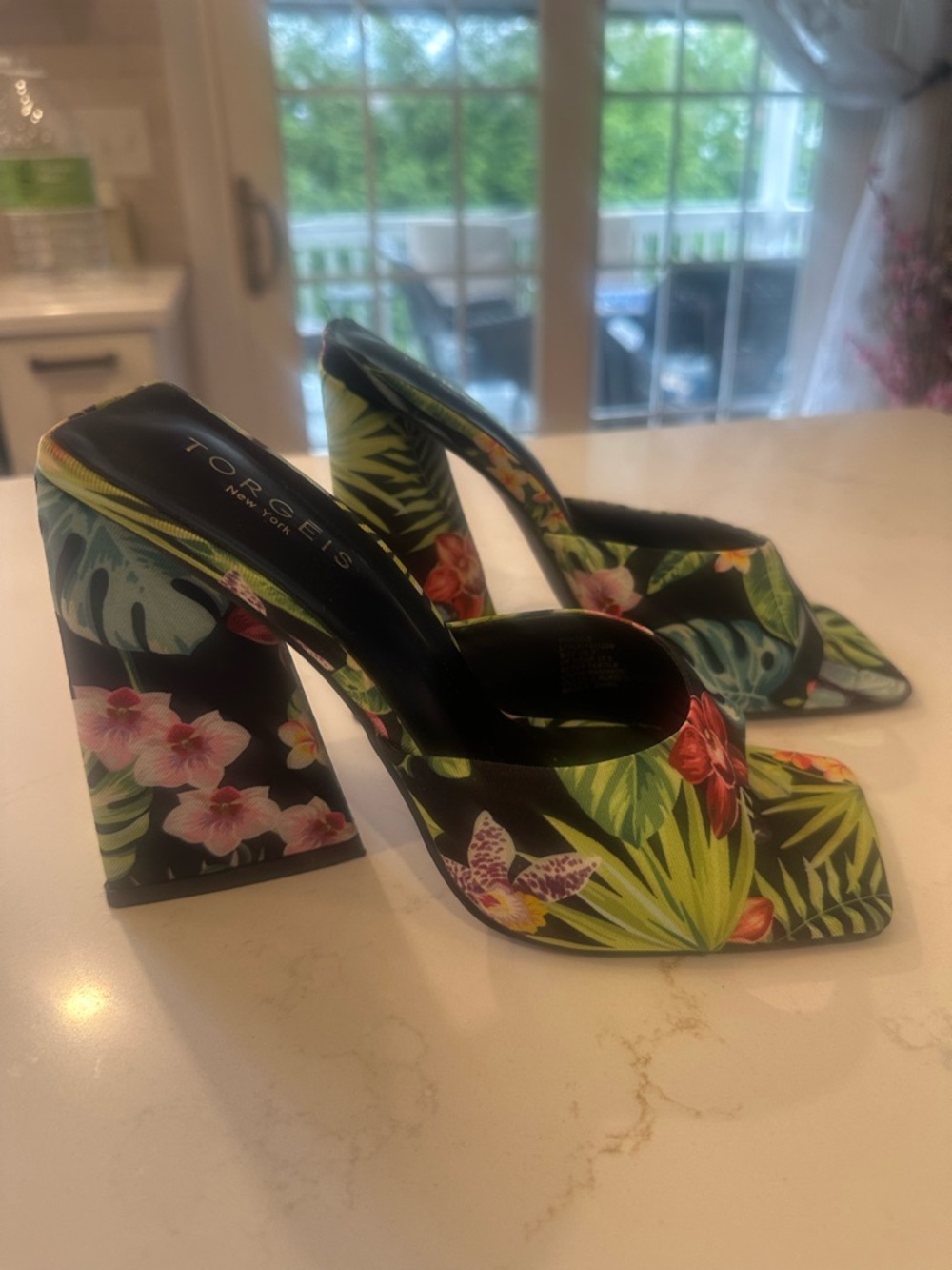 Nordstrom Tropical Floral Wedge Mules - Black with Green & Red Accents - Picture 2 of 4
